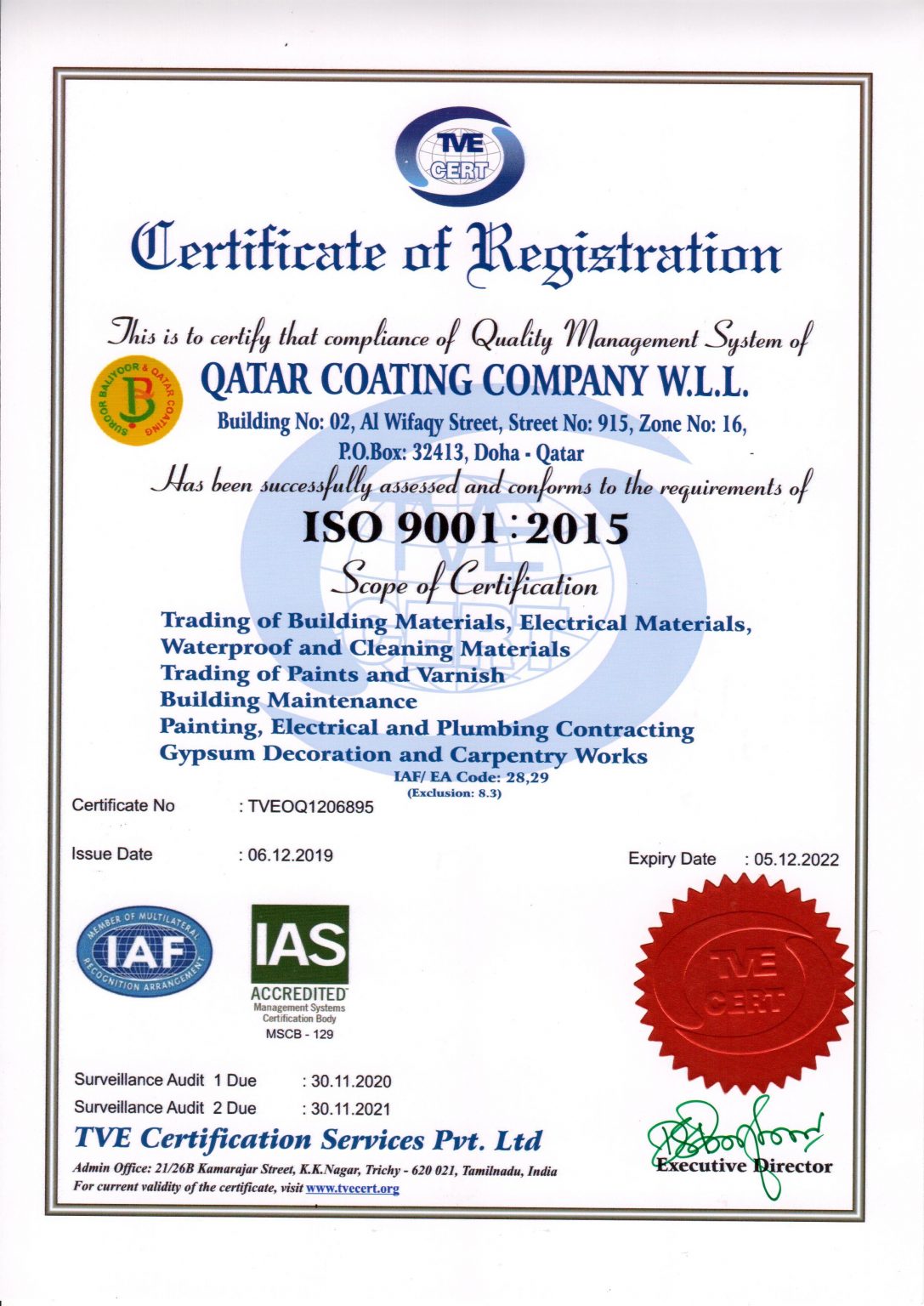 Iso Certificate Qatar Coating Co Suroor Baliyoor