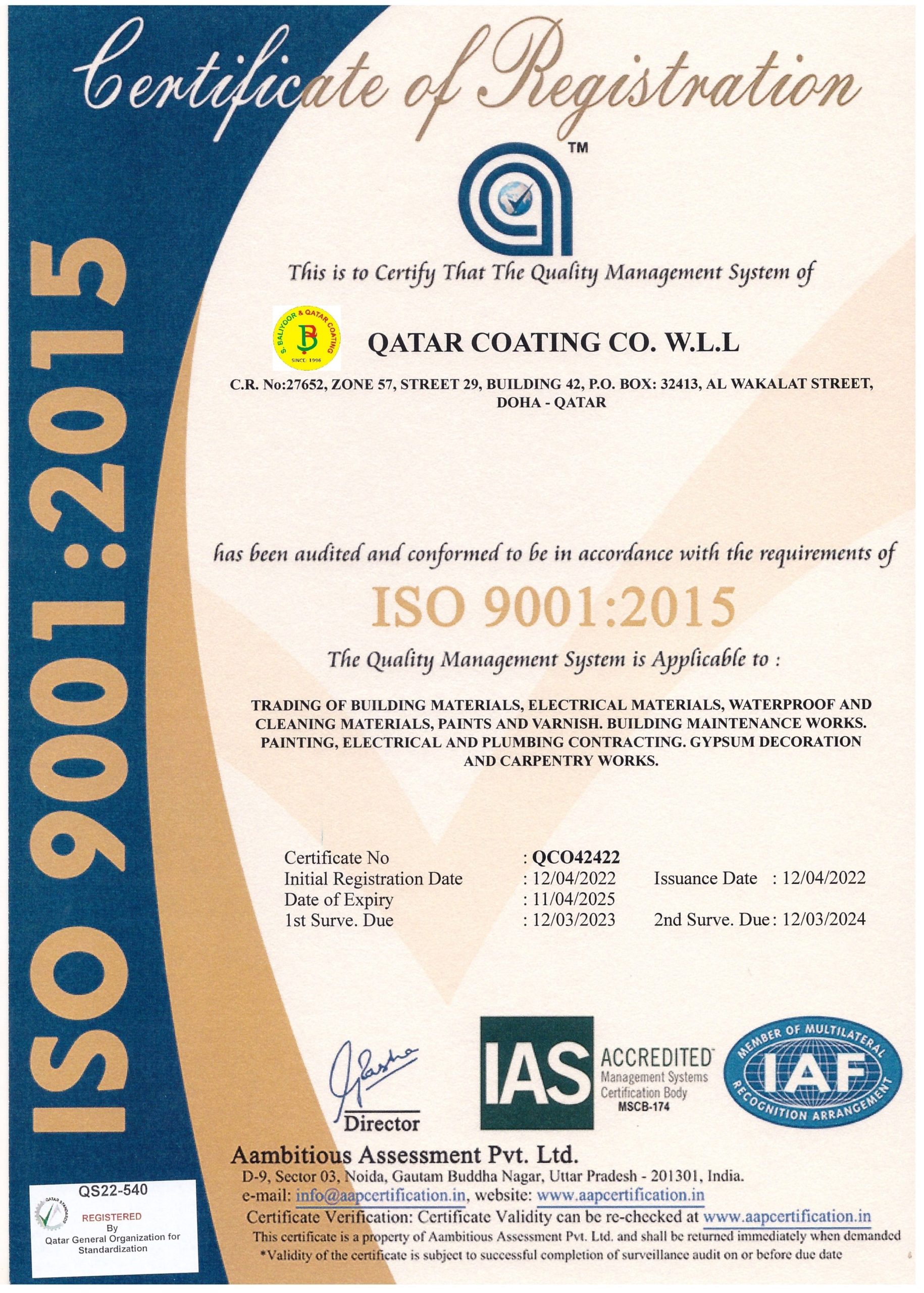 Iso Certificate Qatar Coating Co Suroor Baliyoor