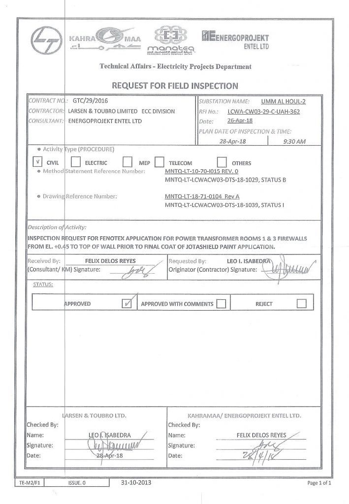 Client – Submittal Approval – Qatar Coating Co. & Suroor Baliyoor